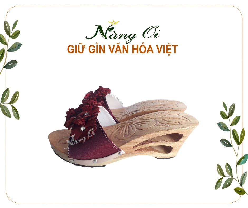 Guốc gỗ 2 giọt nước chạm hoa cúc cao 7cm